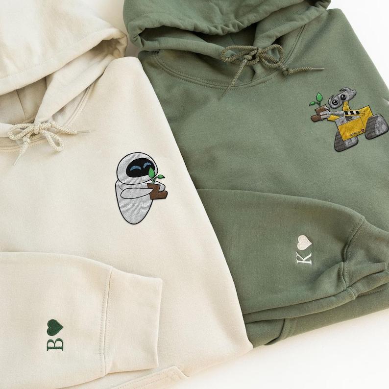 Custom Embroidered Wall E And Eve Matching Sweatshirt, Couple Embroidery Sweater, Initial On Sleeve, World 2024 Trip, Couples Shirt, Matching Hoodies, bf and gf matching sweaters, MSG me for custom