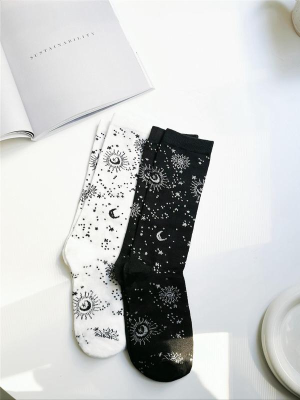 Women's 2 Pairs Galaxy Print Crew Socks, Fashion Casual Comfy Breathable Star & Moon Print Mid-Calf Socks for Daily Outdoor Wear, Ladies Socks for All Seasons