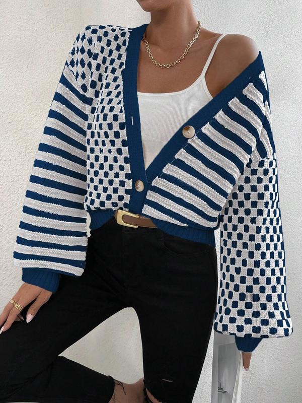Women's Striped & Plaid Print Button Front Cardigan, Casual Drop Shoulder V Neck Knitwear for Spring & Fall, Fashion Women's Knit Clothing for Daily Wear, Going Out Outfits 2024