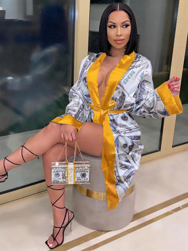 Women's All Over Print Contrast Binding Belted Robe, Casual Long Sleeve Open Front Robe, Ladies Sleepwear for Spring & Fall