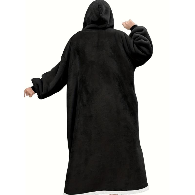 Plus Size Cozy Winter Wearable Fleece Blanket Robe - Soft Flannel Long Sleeve Hooded Design with Pockets for Relaxation - Perfect for Cold Weather Lounging and Outdoor Activities