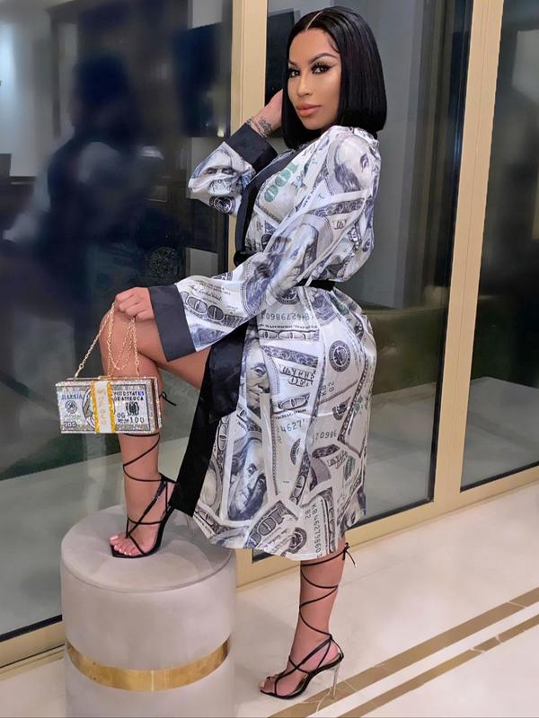 Women's All Over Print Contrast Binding Belted Robe, Casual Long Sleeve Open Front Robe, Ladies Sleepwear for Spring & Fall