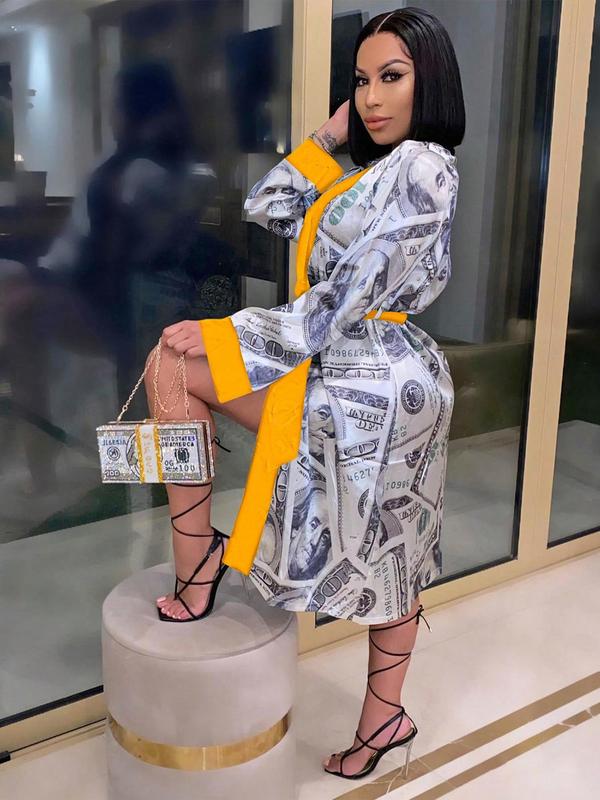 Women's All Over Print Contrast Binding Belted Robe, Casual Long Sleeve Open Front Robe, Ladies Sleepwear for Spring & Fall