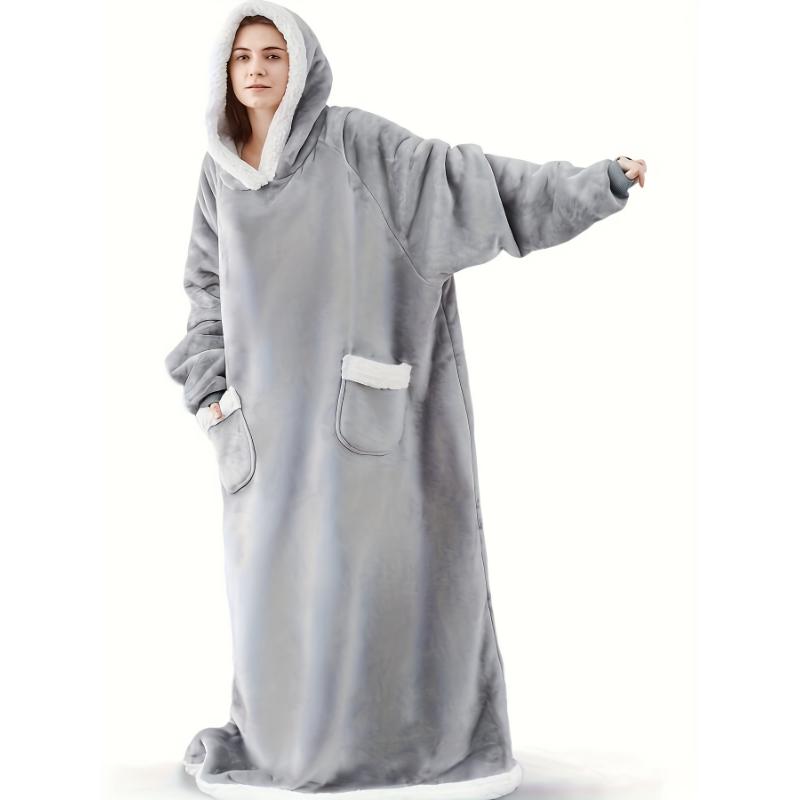 Plus Size Cozy Winter Wearable Fleece Blanket Robe - Soft Flannel Long Sleeve Hooded Design with Pockets for Relaxation - Perfect for Cold Weather Lounging and Outdoor Activities