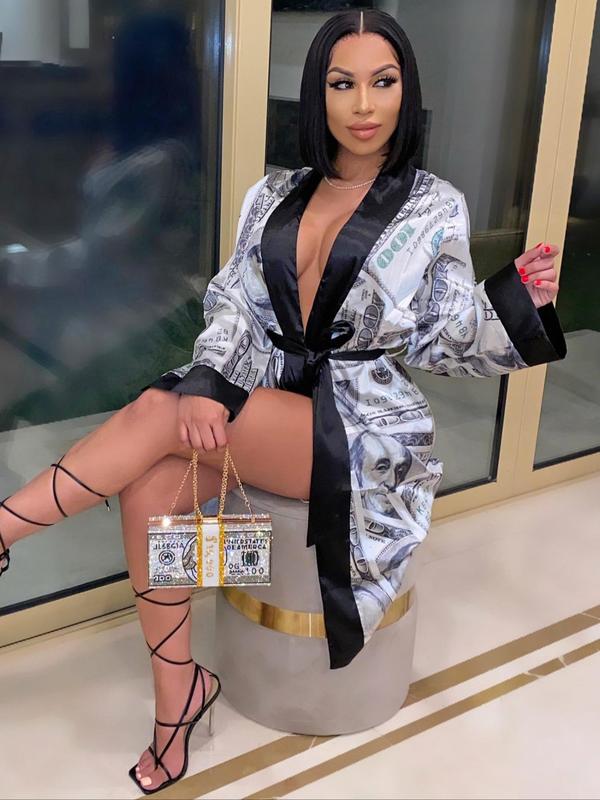 Women's All Over Print Contrast Binding Belted Robe, Casual Long Sleeve Open Front Robe, Ladies Sleepwear for Spring & Fall
