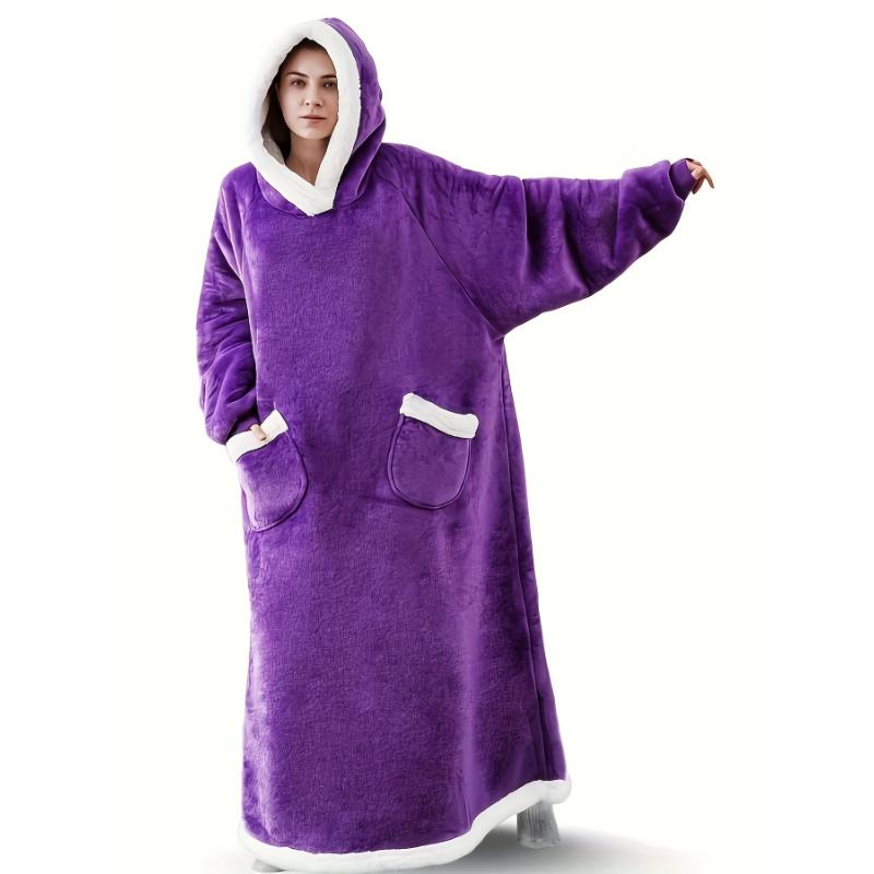 Plus Size Cozy Winter Wearable Fleece Blanket Robe - Soft Flannel Long Sleeve Hooded Design with Pockets for Relaxation - Perfect for Cold Weather Lounging and Outdoor Activities