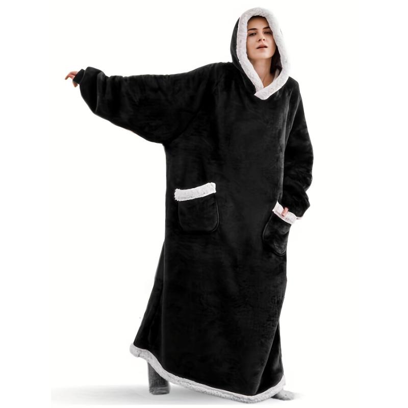 Plus Size Cozy Winter Wearable Fleece Blanket Robe - Soft Flannel Long Sleeve Hooded Design with Pockets for Relaxation - Perfect for Cold Weather Lounging and Outdoor Activities