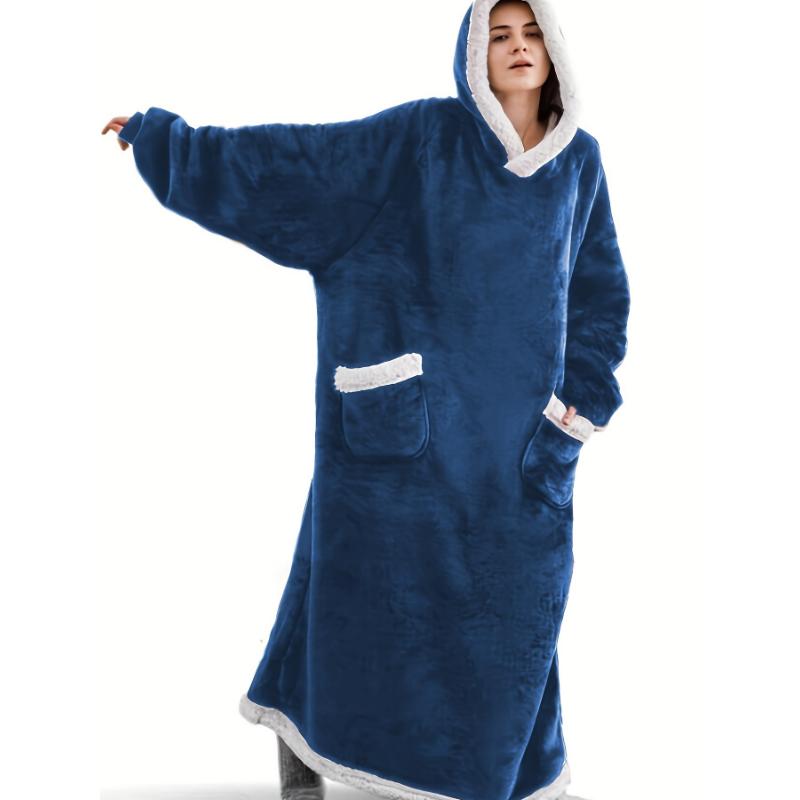 Plus Size Cozy Winter Wearable Fleece Blanket Robe - Soft Flannel Long Sleeve Hooded Design with Pockets for Relaxation - Perfect for Cold Weather Lounging and Outdoor Activities