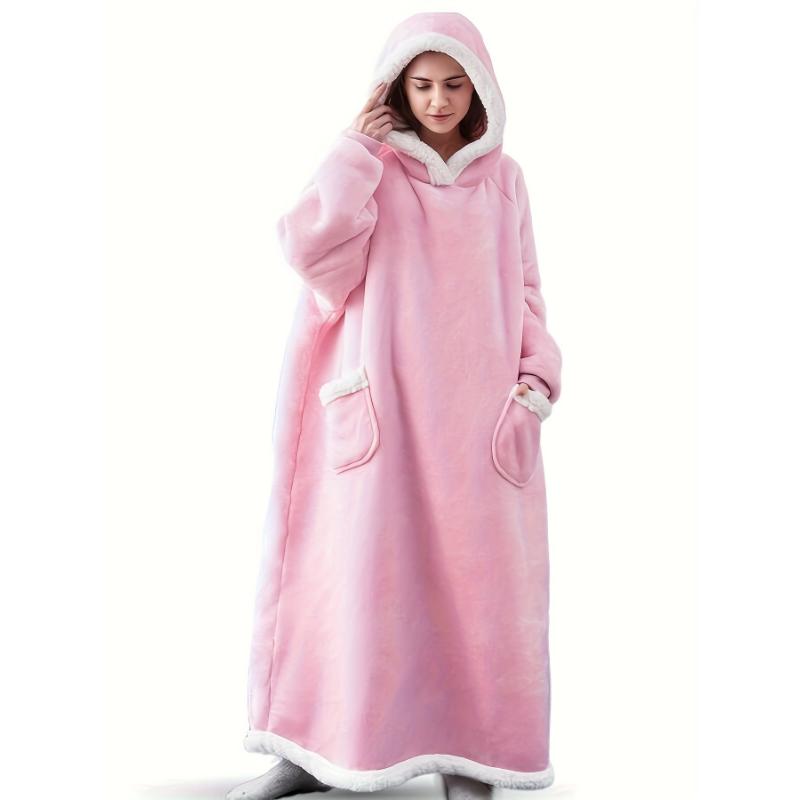 Plus Size Cozy Winter Wearable Fleece Blanket Robe - Soft Flannel Long Sleeve Hooded Design with Pockets for Relaxation - Perfect for Cold Weather Lounging and Outdoor Activities