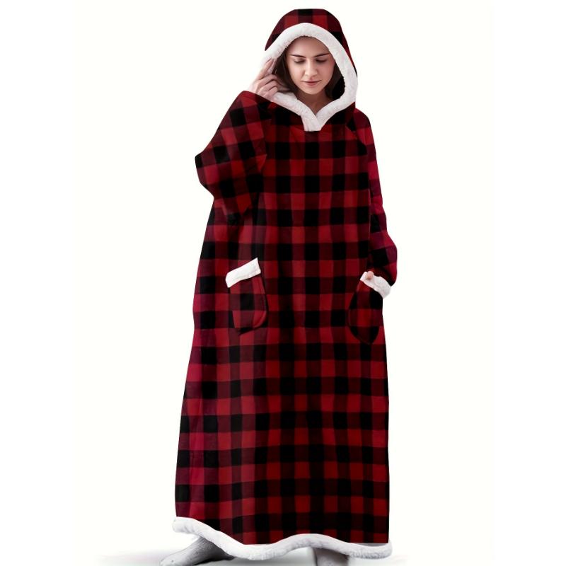Plus Size Cozy Winter Wearable Fleece Blanket Robe - Soft Flannel Long Sleeve Hooded Design with Pockets for Relaxation - Perfect for Cold Weather Lounging and Outdoor Activities
