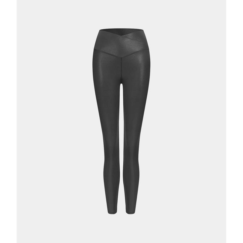 Halara Softlyzero Faux Leather Crossover Back Pocket Foil Print Stretchy Casual Faux Leather Leggings