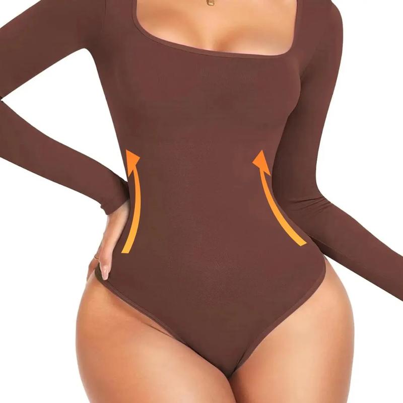 Women's Solid Square Neck Long Sleeve Shapewear Bodysuit, Fall Wear, Casual Comfy Tummy Control Butt Lift Shaper, Ladies Shapewear for Fall