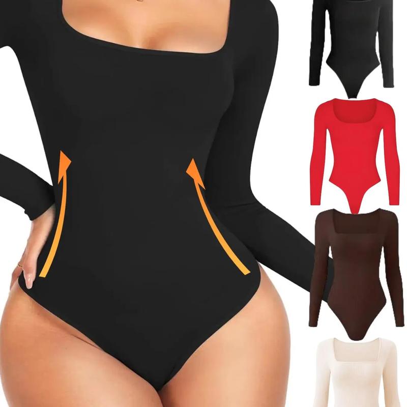 Women's Solid Square Neck Long Sleeve Shapewear Bodysuit, Fall Wear, Casual Comfy Tummy Control Butt Lift Shaper, Ladies Shapewear for Fall