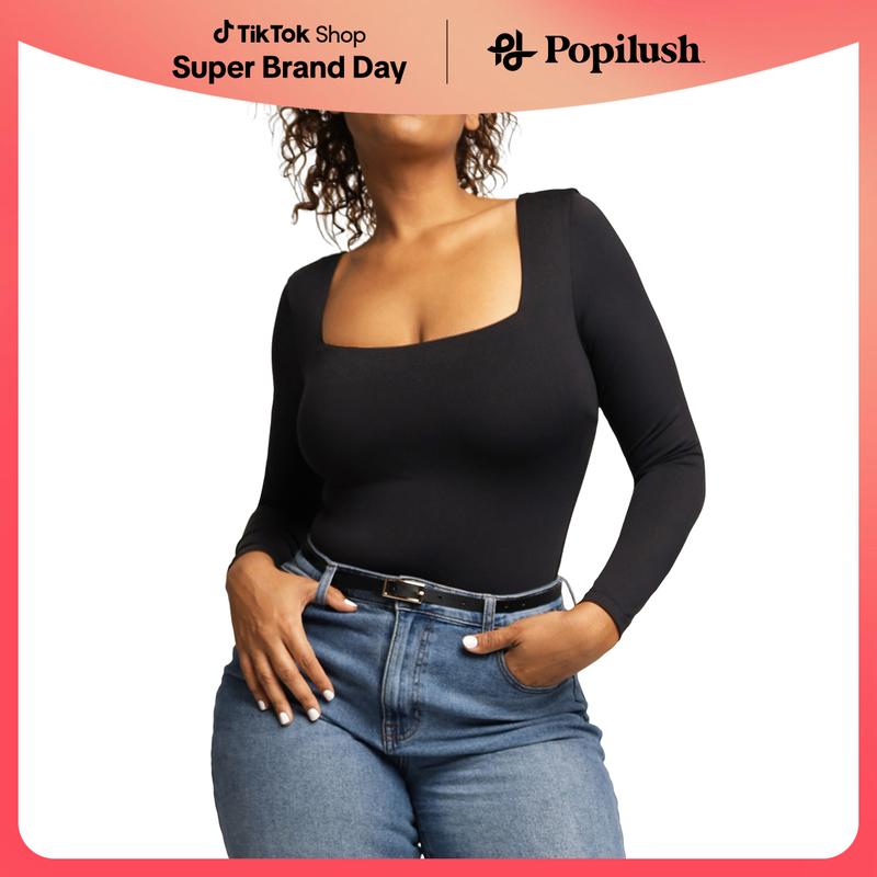 Popilush The Shapewear Bodysuit Long Sleeve Square Neck Shapewear Bodysuits Womenswear Tops Lady  Comfort