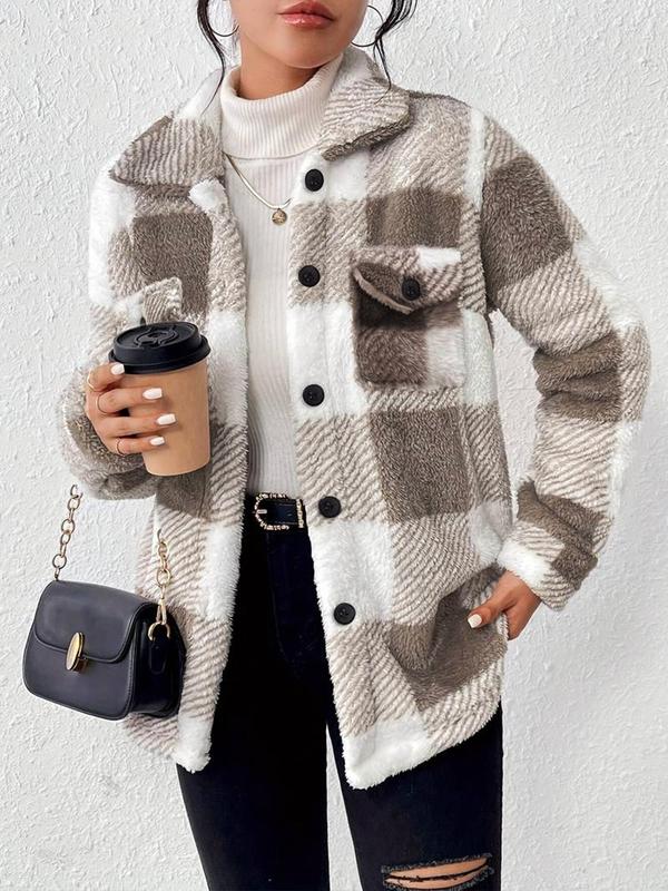 Women's Plaid Print Button Front Fuzzy Jacket, Casual Long Sleeve Collared Plush Outerwear for Fall & Winter, Women's Clothes for Daily Wear