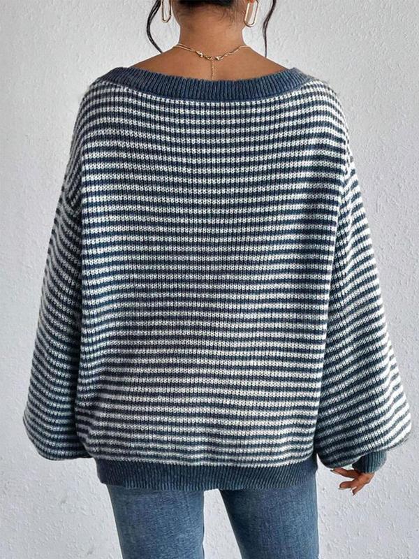 Women's Striped Print Off Shoulder Knit Top, Casual Bishop Sleeve Jumper for Fall & Winter, Fashion Ladies' Knitwear for Daily Wear