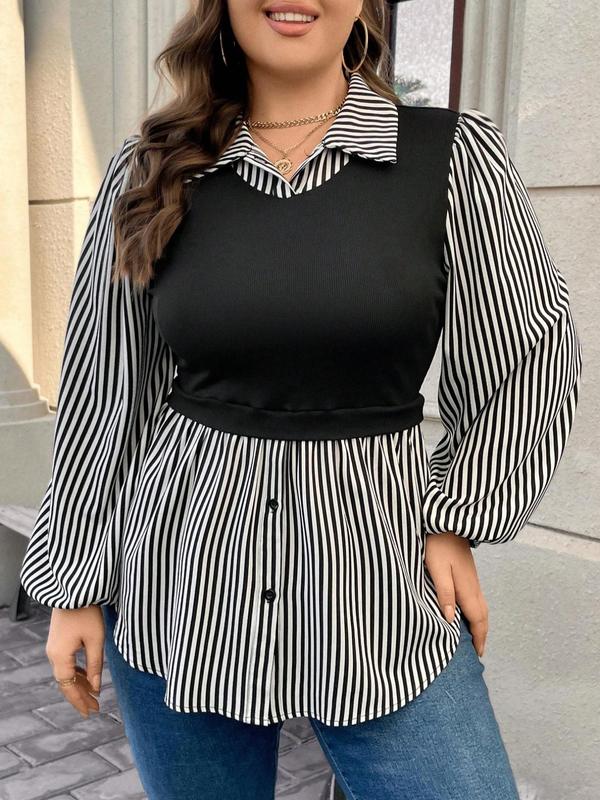  2 in 1 Striped Patchwork Print Button Front Blouse, Casual Bishop Sleeve Collared Top for Fall & Winter, Women's Long Sleeve Clothes for Daily Wear Comfy Mom Outfits 2024