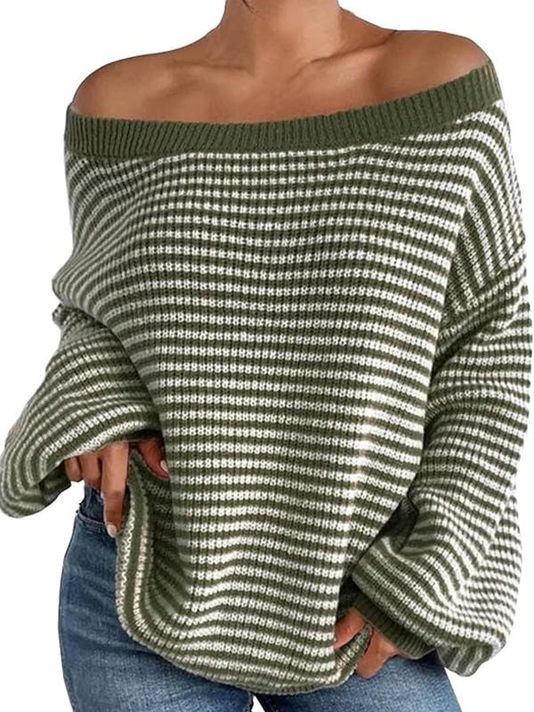 Women's Striped Print Off Shoulder Knit Top, Casual Bishop Sleeve Jumper for Fall & Winter, Fashion Ladies' Knitwear for Daily Wear