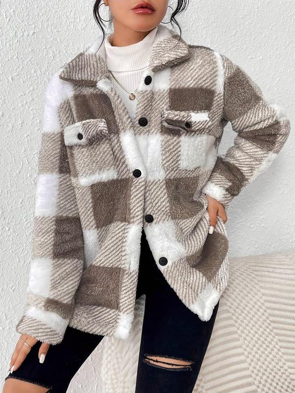 Women's Plaid Print Button Front Fuzzy Jacket, Casual Long Sleeve Collared Plush Outerwear for Fall & Winter, Women's Clothes for Daily Wear