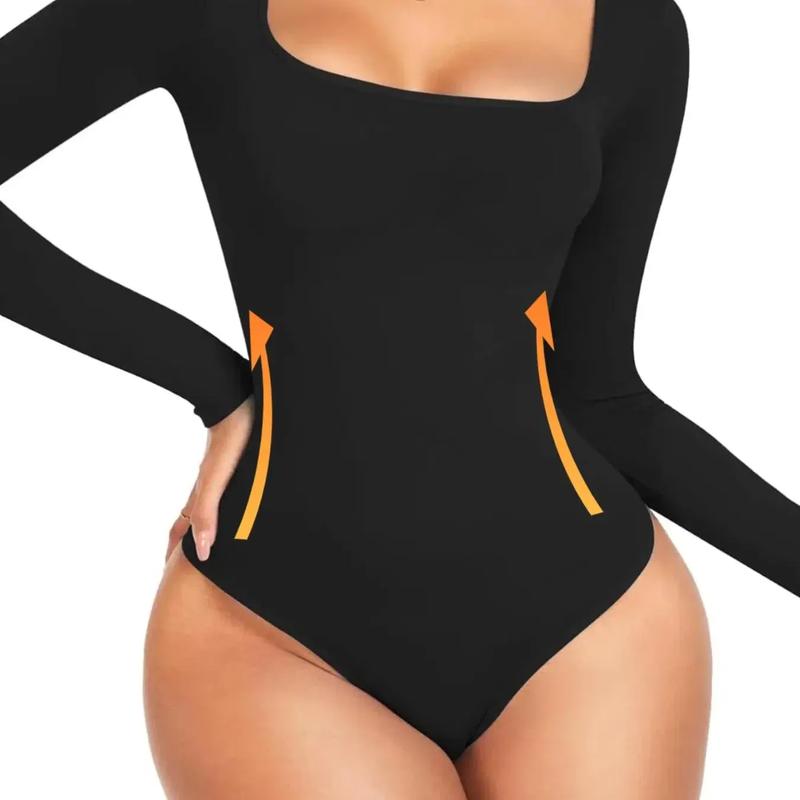 Women's Solid Square Neck Long Sleeve Shapewear Bodysuit, Fall Wear, Casual Comfy Tummy Control Butt Lift Shaper, Ladies Shapewear for Fall