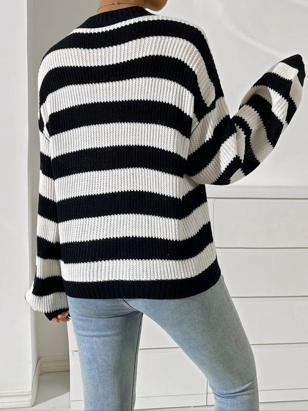Women's Striped Print Drop Shoulder Sweater, Casual Long Sleeve Round Neck Jumper for Spring & Fall, Fashion Women's Knitwear for Daily Wear, Fall Clothes 2024