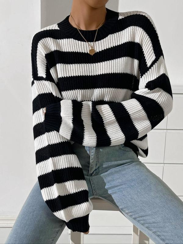 Women's Striped Print Drop Shoulder Sweater, Casual Long Sleeve Round Neck Jumper for Spring & Fall, Fashion Women's Knitwear for Daily Wear, Fall Clothes 2024