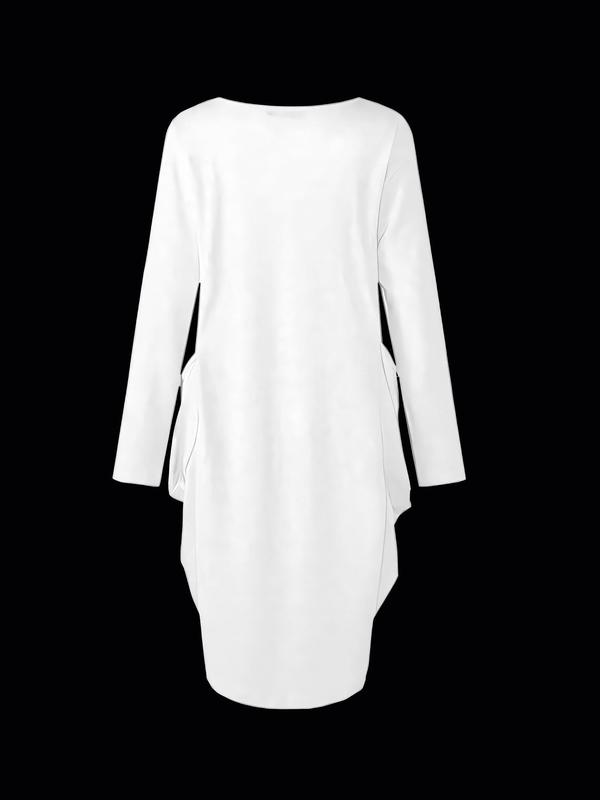 Moon & Sun Print Asymmetrical Hem Dress, Casual Long Sleeve Round Neck Dress for Summer, Women's Plus Clothing for Daily Wear