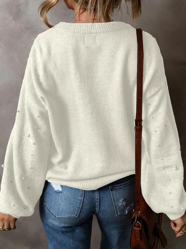 Women's Faux Pearl Decor Drop Shoulder Sweater, Casual Aesthetic Chic Long Sleeve Round Neck Jumper for Fall & Winter, Fashion Ladies' Knitwear for Daily Wear, Fall Womenswear