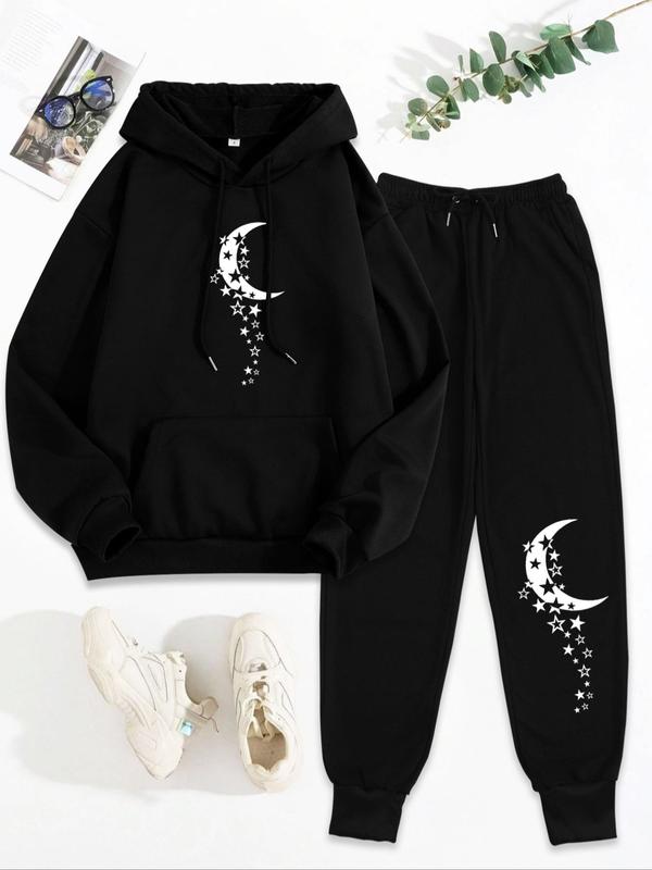 Women's Moon Print Long Sleeve Hoodie & Drawstring Waist Sweatpants Two-piece Set, Casual Drop Shoulder Hooded Sweatshirt & Pocket Pants for Fall & Winter, Women's Clothes for Daily Wear