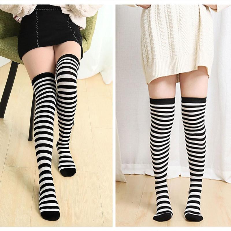 4 Pairs Womens Striped Arm Warmers Goth Y2K Knitted Fingerless Gloves with Long  High Socks Set