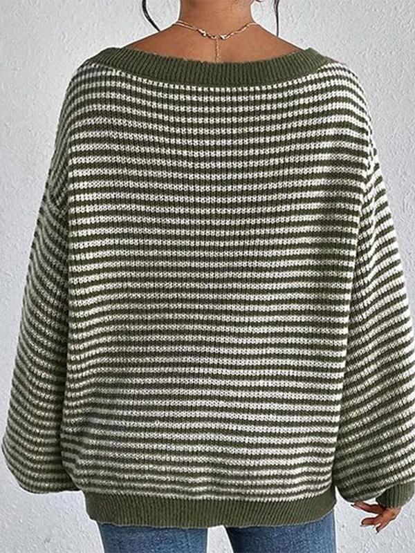 Women's Striped Print Off Shoulder Knit Top, Casual Bishop Sleeve Jumper for Fall & Winter, Fashion Ladies' Knitwear for Daily Wear