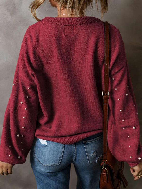 Women's Faux Pearl Decor Drop Shoulder Sweater, Casual Aesthetic Chic Long Sleeve Round Neck Jumper for Fall & Winter, Fashion Ladies' Knitwear for Daily Wear, Fall Womenswear