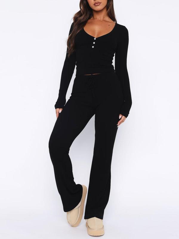 Two-Piece Set Women's Solid Button V Neck Tee & Drawstring Waist Flare Leg Pants, Casual Long Sleeve T-shirt & Bootcut Trousers for Spring & Fall, Women's Clothes for Daily Wear