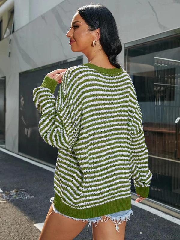 Women's Striped Print Crewneck Knitting Sweater, Casual Comfort Long Sleeve Round Neck Jumper,  Women's Sweaters, Going Out Tops, Sweaters for Women, Knitting Womenswear, Women's Back To School Fall Clothes, Fall Outfits, Fallfreshness