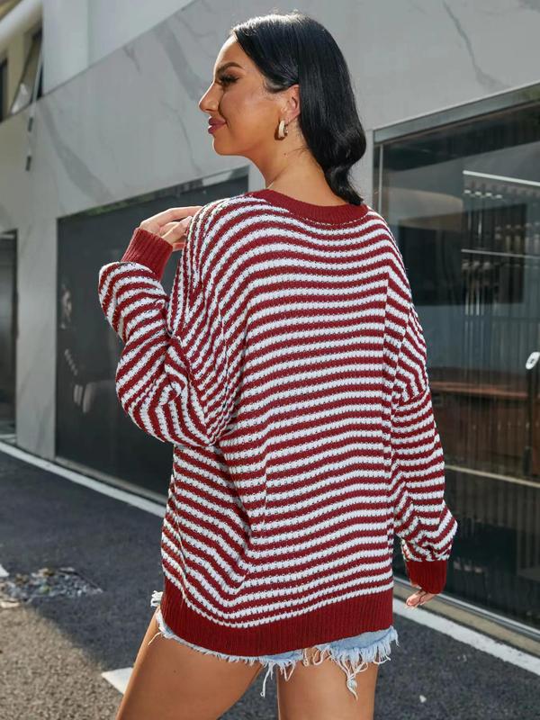 Women's Striped Print Crewneck Knitting Sweater, Casual Comfort Long Sleeve Round Neck Jumper,  Women's Sweaters, Going Out Tops, Sweaters for Women, Knitting Womenswear, Women's Back To School Fall Clothes, Fall Outfits, Fallfreshness