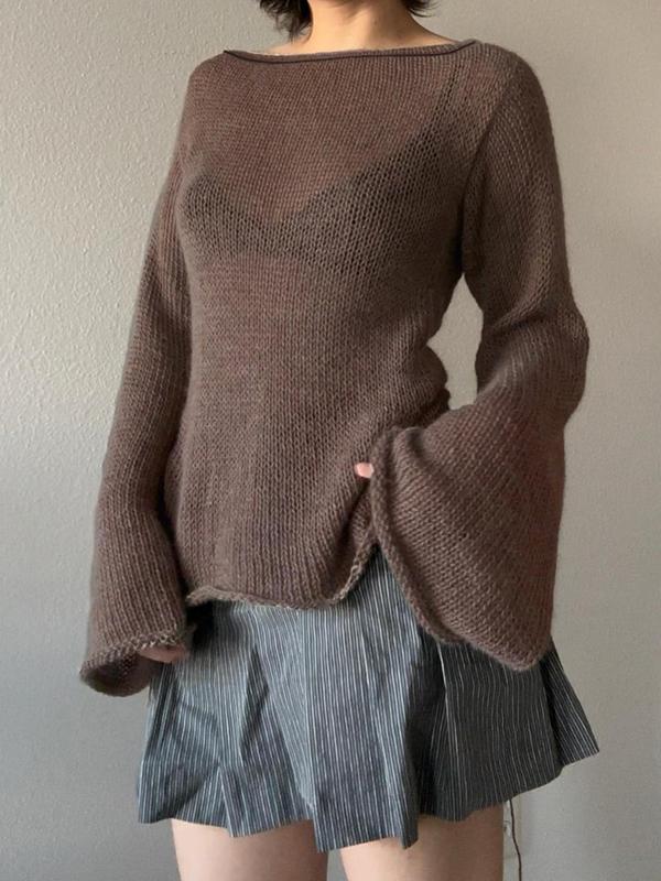Women's Plain Sheer Tie Back Flounce Sleeve Boat Neck Sweater, Casual Roll Trim Long Sleeve Jumper for Fall & Winter, Women's Knitwear Top for Daily Wear