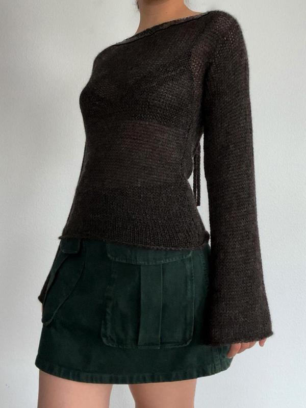 Women's Plain Sheer Tie Back Flounce Sleeve Boat Neck Sweater, Casual Roll Trim Long Sleeve Jumper for Fall & Winter, Women's Knitwear Top for Daily Wear