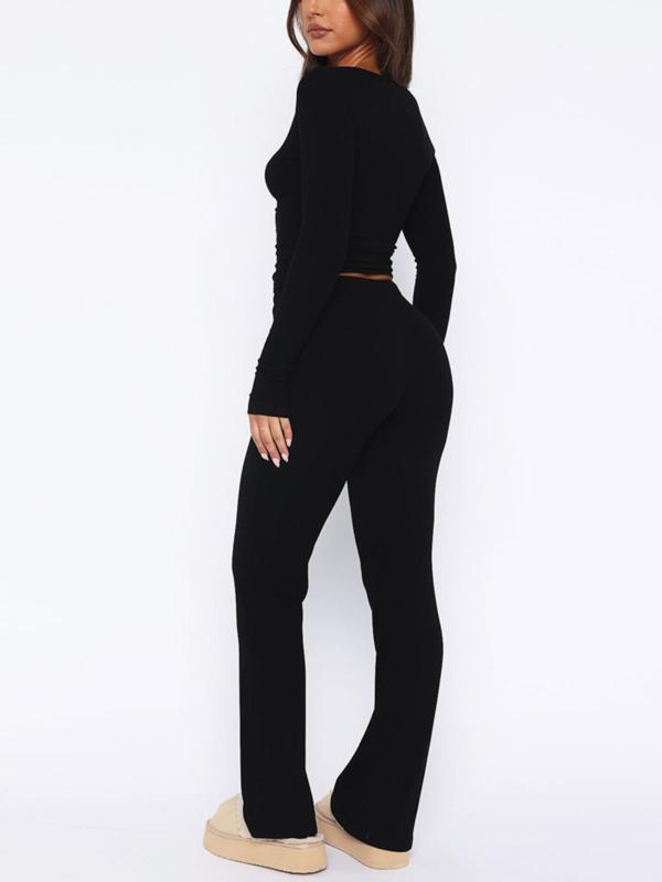 Two-Piece Set Women's Solid Button V Neck Tee & Drawstring Waist Flare Leg Pants, Casual Long Sleeve T-shirt & Bootcut Trousers for Spring & Fall, Women's Clothes for Daily Wear