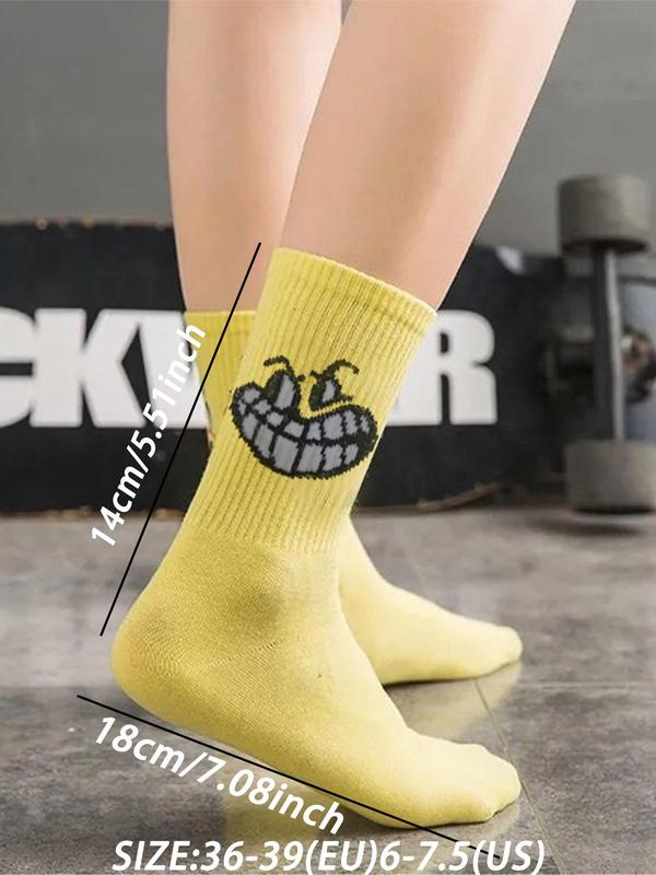 Random Color Women's Cartoon Face Print Mid-calf Socks, Casual Moisture Wicking Socks, Soft Comfy Breathable Socks for All Seasons Daily Wear