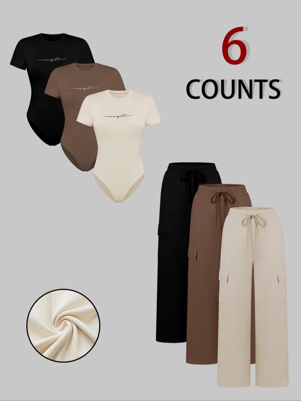 Women's Letter Print Short Sleeve Bodysuit & Pocket  Cargo Pants Set, Casual Round Neck Bodysuit & Drawstring Elastic Waist Trousers, Ladies Clothes for All Seasons