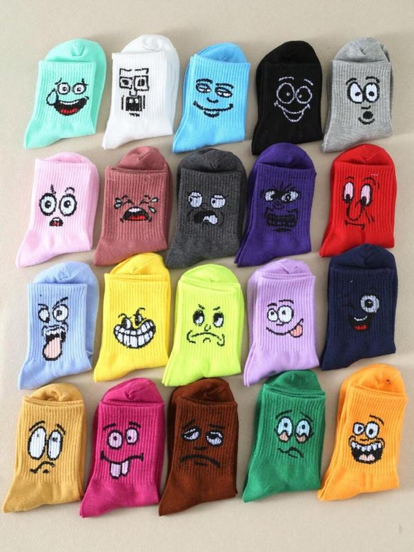 Random Color Women's Cartoon Face Print Mid-calf Socks, Casual Moisture Wicking Socks, Soft Comfy Breathable Socks for All Seasons Daily Wear
