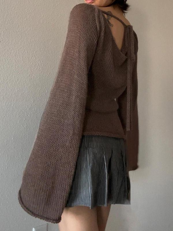 Women's Plain Sheer Tie Back Flounce Sleeve Boat Neck Sweater, Casual Roll Trim Long Sleeve Jumper for Fall & Winter, Women's Knitwear Top for Daily Wear