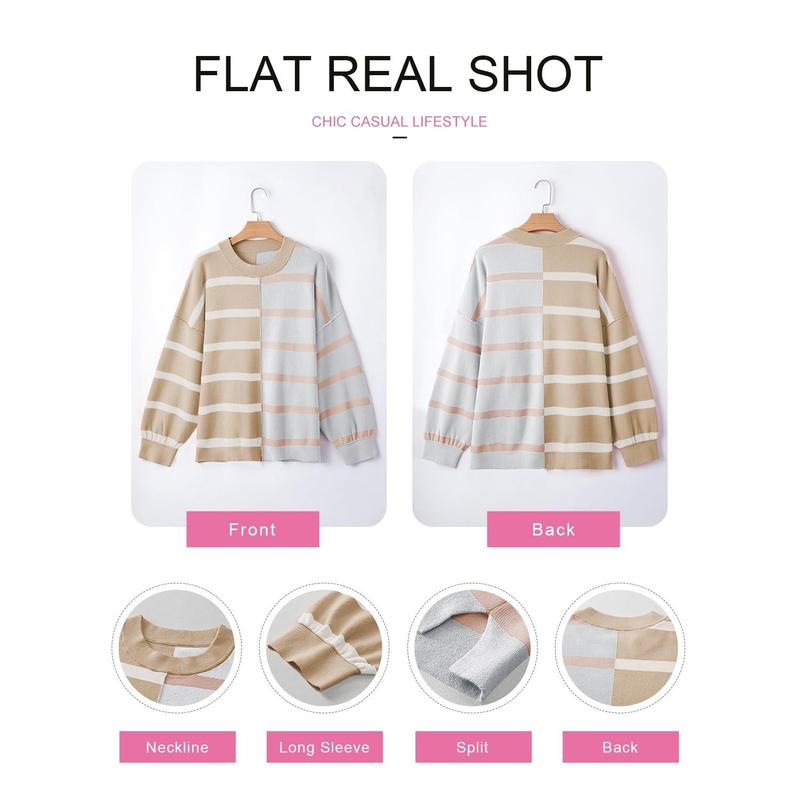 EVALESS Womens Casual Pullover Sweatshirts Crew Neck Striped Long Sleeve Knitted Color Block Loose Lightweight Sweaters 2024 Fashion Winter Outfits