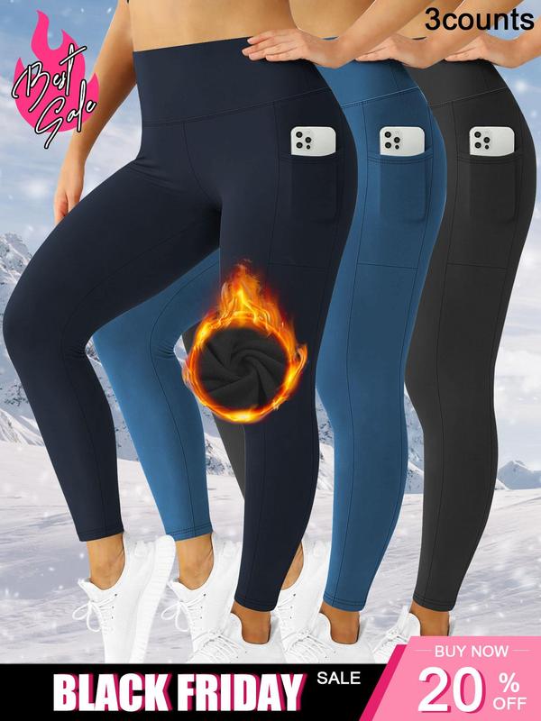  Solid High Waist Pocket Leggings, Casual Comfy Thermal Lined Skinny Pants for Women, Leggings for Women, Women's Bottoms for Fall & Winter