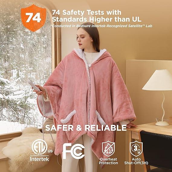 Bedsure Heated & Non-Heated Wearable Blanket Hoodie with Giant Pocket ,Oversized Hood,Elasticated Cuffs, Utra-Soft Flannel&Sherpa Blankets,4 Time Settings,6 Heating Setting and 3 hrs Timer Auto Shut Off,Luxurious Christmas Gifts Comfort  Plush Womenswear