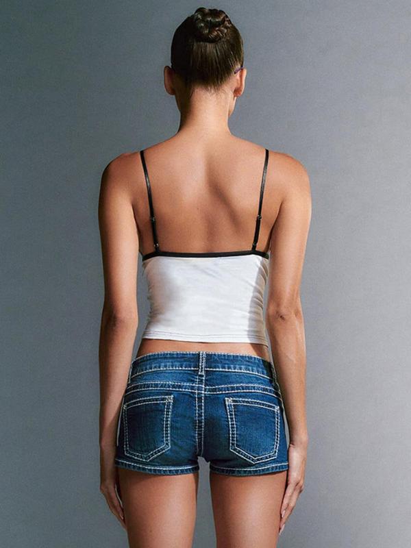 Women's Contrast Binding Adjustable Spaghetti Strap Crop Cami Top, Basic Mufti Clothes, Backless Cropped Top for Summer, Ladies Clothes, Going Out Tops, Crop Tops, Summer Outfits 2024, 90s Clothes, Office Siren Outfit