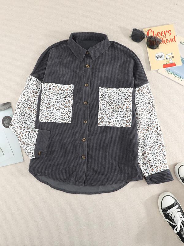 Women's Patchwork Leopard Print Button Front Shirt Jacket, Casual Drop Shoulder Long Sleeve Collared Outerwear for Fall & Winter, Ladies Clothes for Daily Wear