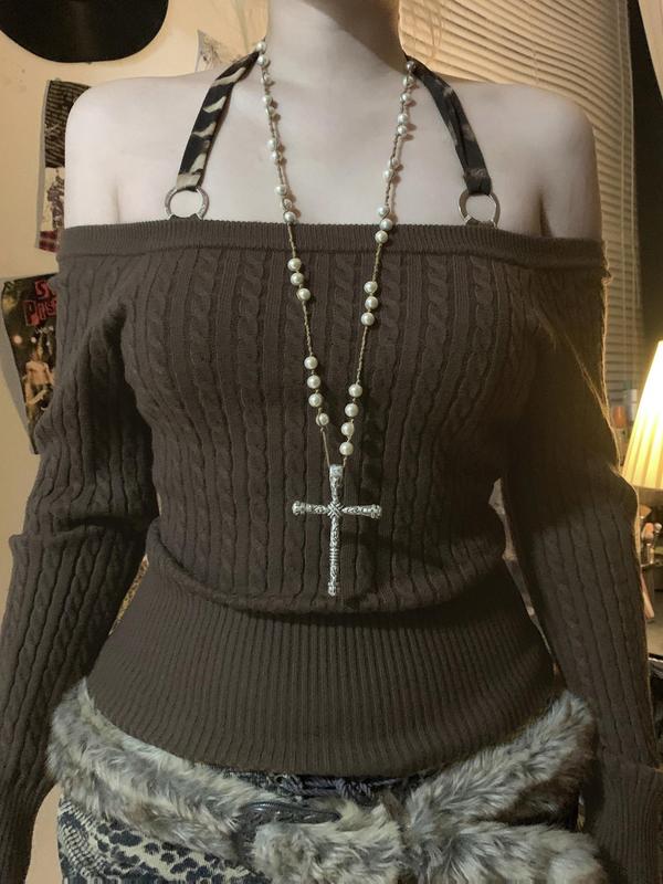 Women's Plain Cable Knit Halter Sweater, Casual Slim-fitting Long Sleeve Jumper for Fall & Winter, Ladies Knitwear for Daily Wear