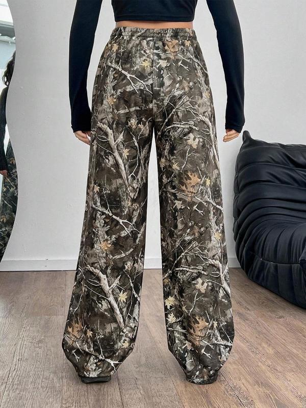 Unisex's Camo Leaf Print Drawstring Waist Sweatpants, Casual Pocket Trousers for Fall & Winter, Fashion Unisex's Bottoms for Daily Wear, Pants for Women