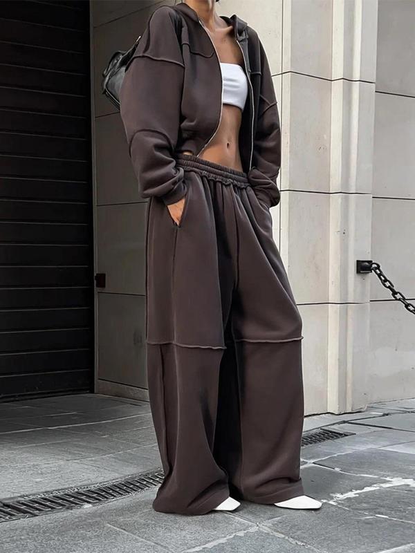 Women's Solid Zip Up Hooded Sweatshirt & Pocket Elastic Waist Pants Two-piece Set, Casual Drop Shoulder Long Sleeve Top & Trousers for Fall & Winter, 2 Piece Sets Women, Women's Clothes for Daily Wear
